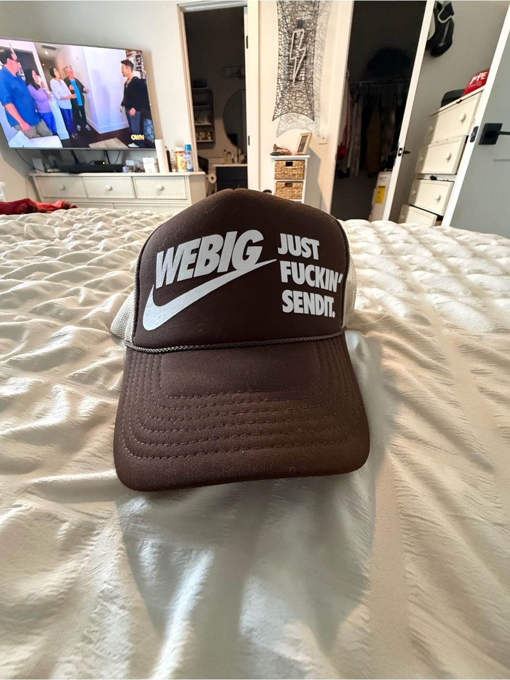 WE BIG Brown Trucker Hat with White Slogan